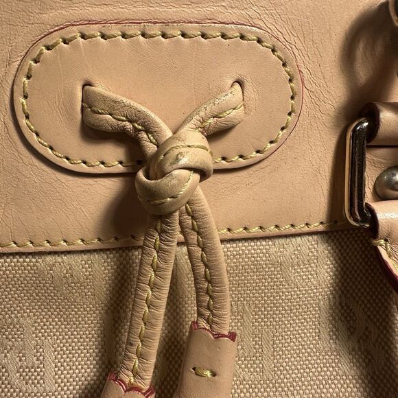 Dooney & Bourke  Medium Domed Tassel Fabric Satchel Handbag Tan Red Logo Print - Picture 3 of 14